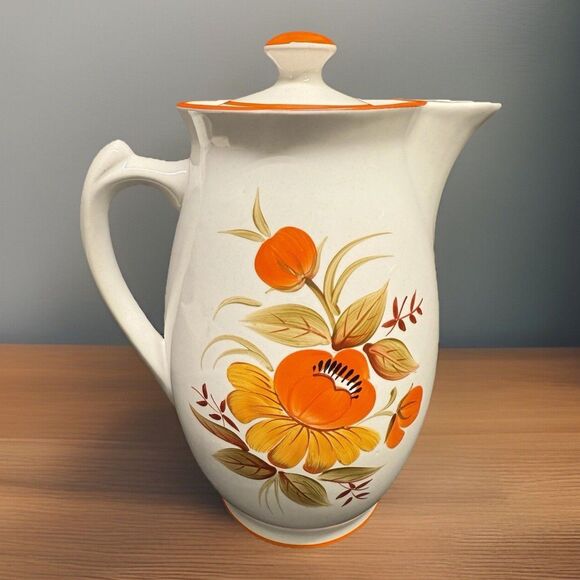 RareMCM White ceramic Lidded Pitcher Orange Flower 9.75” Tall Coffee Water Tea - Picture 2 of 13